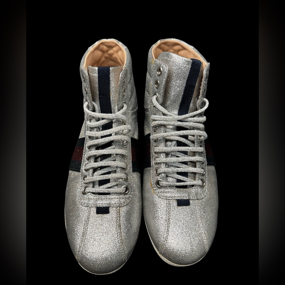 Gucci Bambi Silver Glitter High Top Sneakers EU38 Web Stripe Italy Luxury - Picture 3 of 9